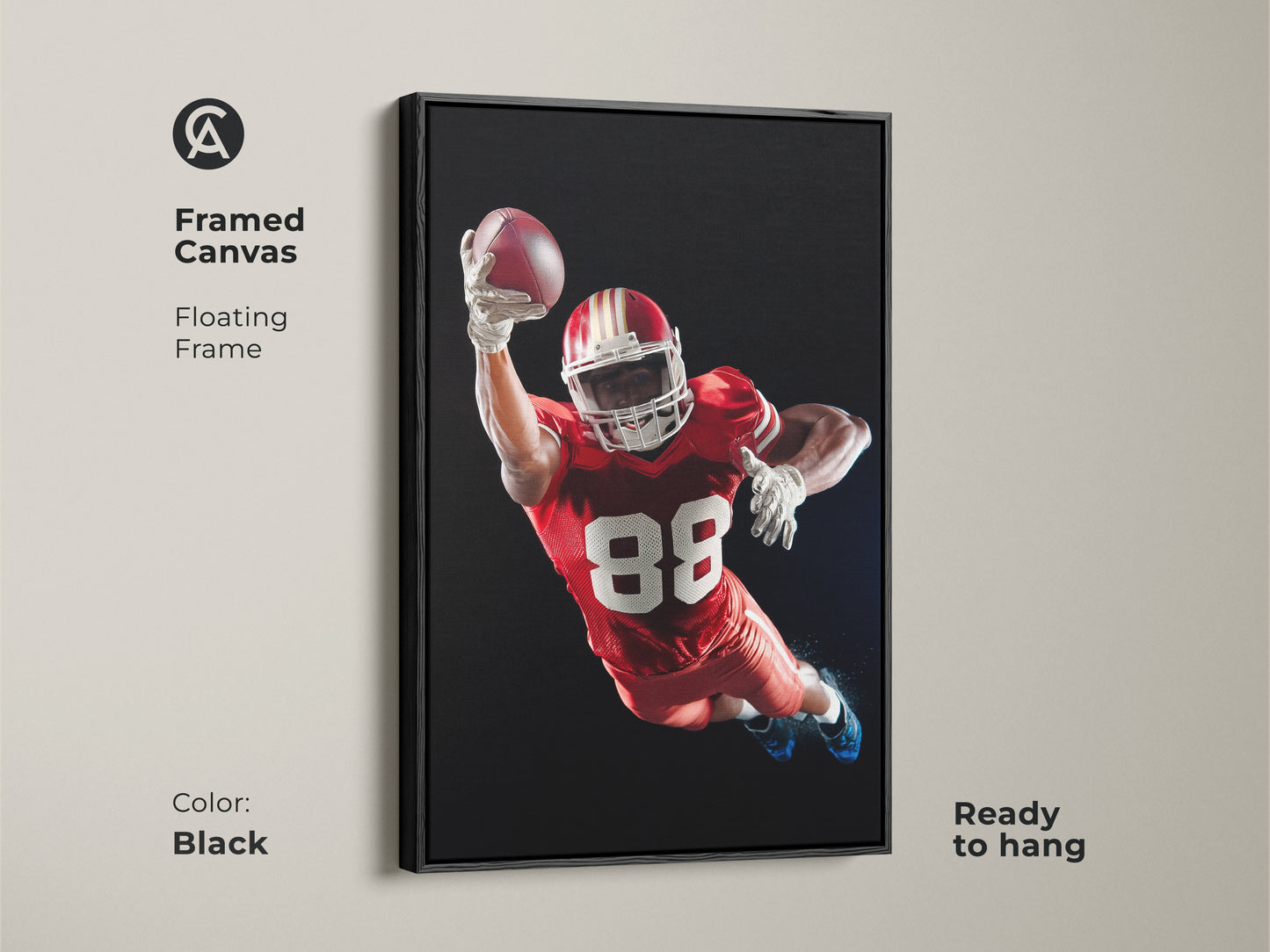 Framed Canvas of an American Football player. The floating frame is black. This dynamic sports action print is ready to hang. It's ideal for a Man Cave wall art. Makes a perfect gift for sports fans. The Red White and Black football decor adds a modern touch.