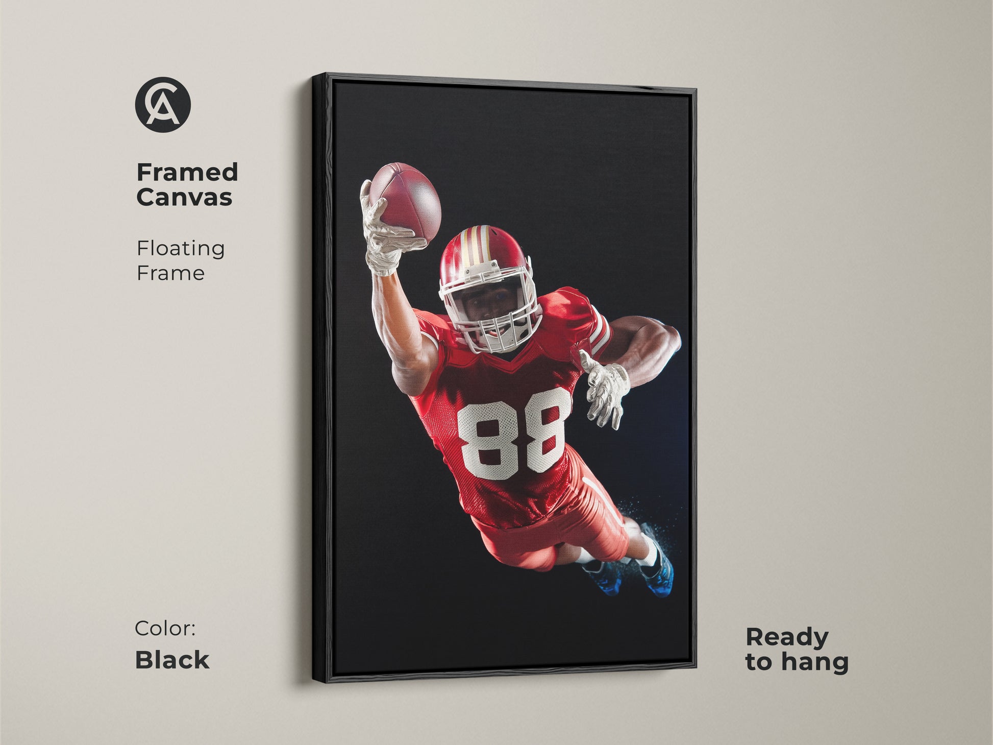 Framed Canvas of an American Football player. The floating frame is black. This dynamic sports action print is ready to hang. It's ideal for a Man Cave wall art. Makes a perfect gift for sports fans. The Red White and Black football decor adds a modern touch.