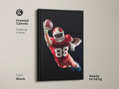 Framed Canvas of an American Football player. The floating frame is black. This dynamic sports action print is ready to hang. It's ideal for a Man Cave wall art. Makes a perfect gift for sports fans. The Red White and Black football decor adds a modern touch.