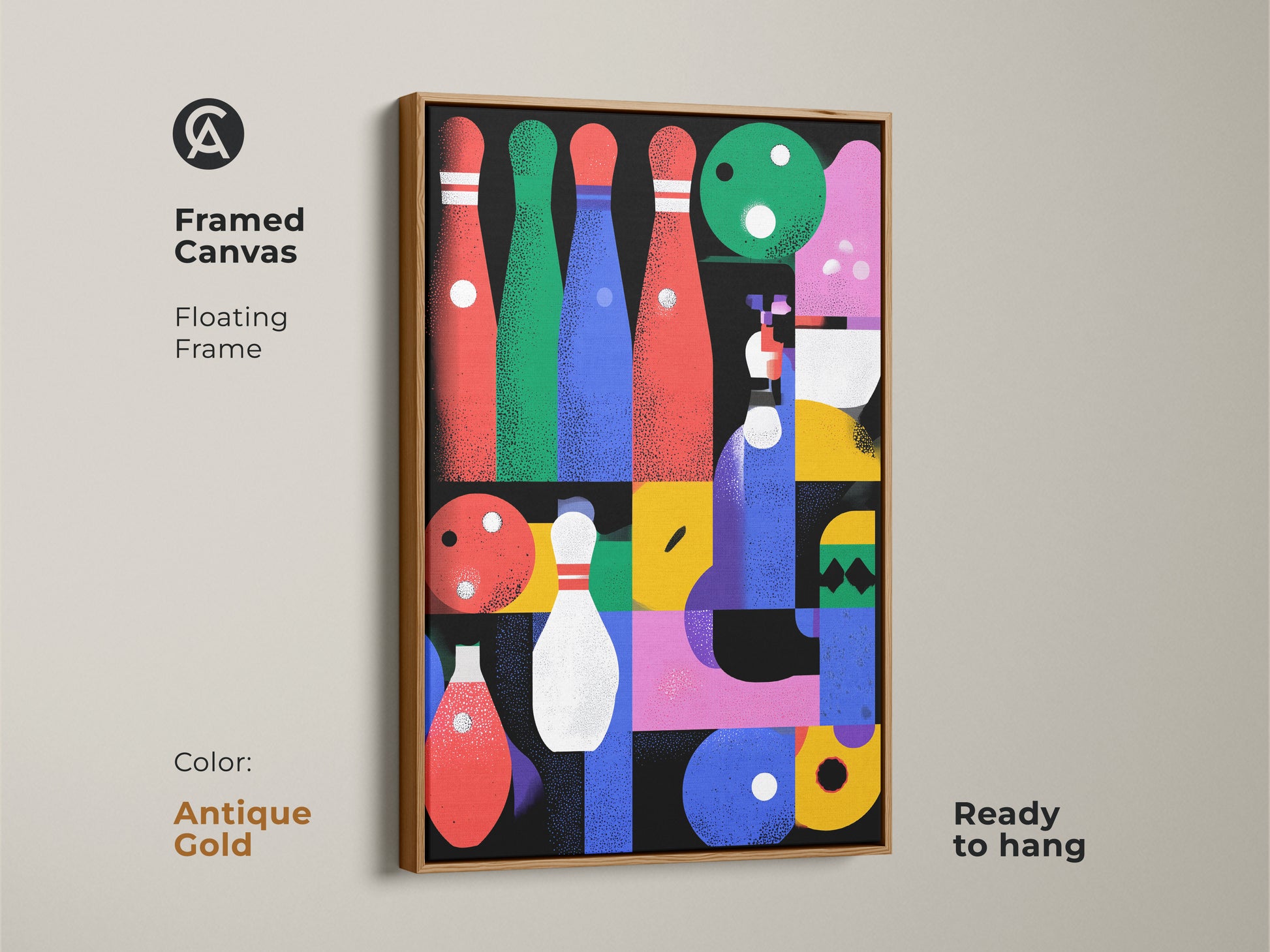Framed canvas featuring abstract geometric bowling artwork with an antique gold floating frame. This mid-century modern art print is ideal as game room wall decor or a sports enthusiast gift. The red blue and pink abstract shapes add a touch of eclectic style. Ready to hang this canvas enhances any home bar.