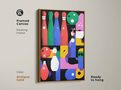 Framed canvas featuring abstract geometric bowling artwork with an antique gold floating frame. This mid-century modern art print is ideal as game room wall decor or a sports enthusiast gift. The red blue and pink abstract shapes add a touch of eclectic style. Ready to hang this canvas enhances any home bar.