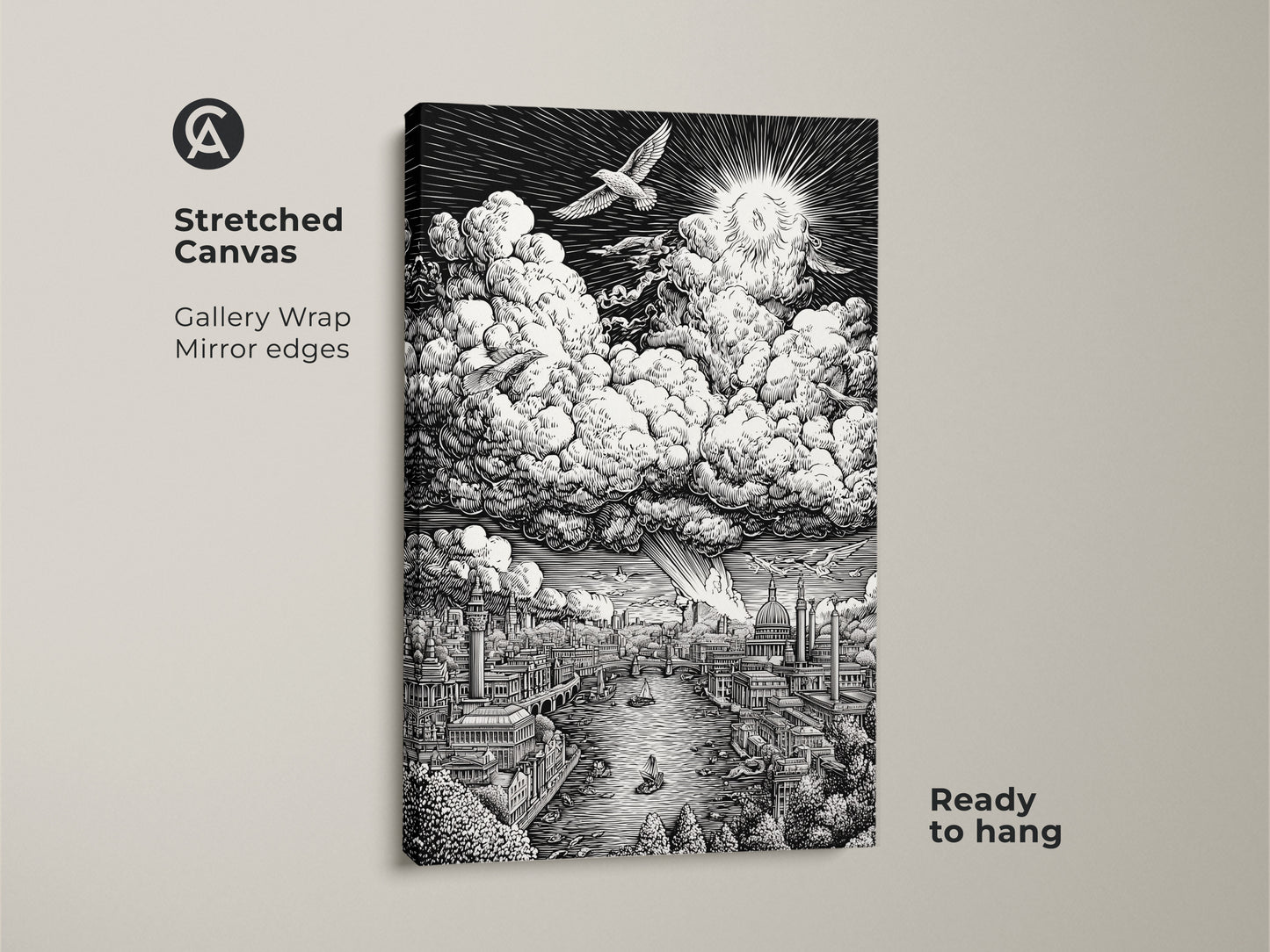 Stretched canvas artwork showcases a detailed London scene. The Thames River runs through the city. Clouds and a sunburst fill the sky above. This gallery-wrapped canvas arrives ready to hang. Its mirror edges enhance the art.