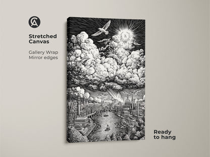Stretched canvas artwork showcases a detailed London scene. The Thames River runs through the city. Clouds and a sunburst fill the sky above. This gallery-wrapped canvas arrives ready to hang. Its mirror edges enhance the art.