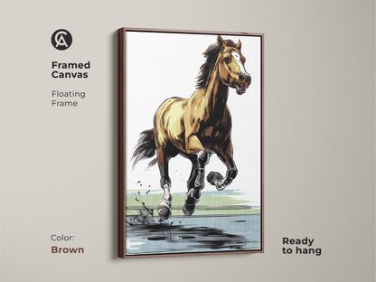 Framed canvas with a brown floating frame featuring a galloping horse art print. This modern horse sketch is ready to hang. The animal wildlife art captures brown yellow and blue tones. This graphic art print is ideal as equestrian canvas wall art or ranch house decor.
