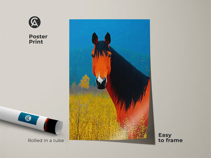 Poster print features orange and blue horse art. This animal wildlife art print is easy to frame. Ideal decor for bedrooms or living rooms adding a touch of nature's beauty. Get this farmhouse wall decor