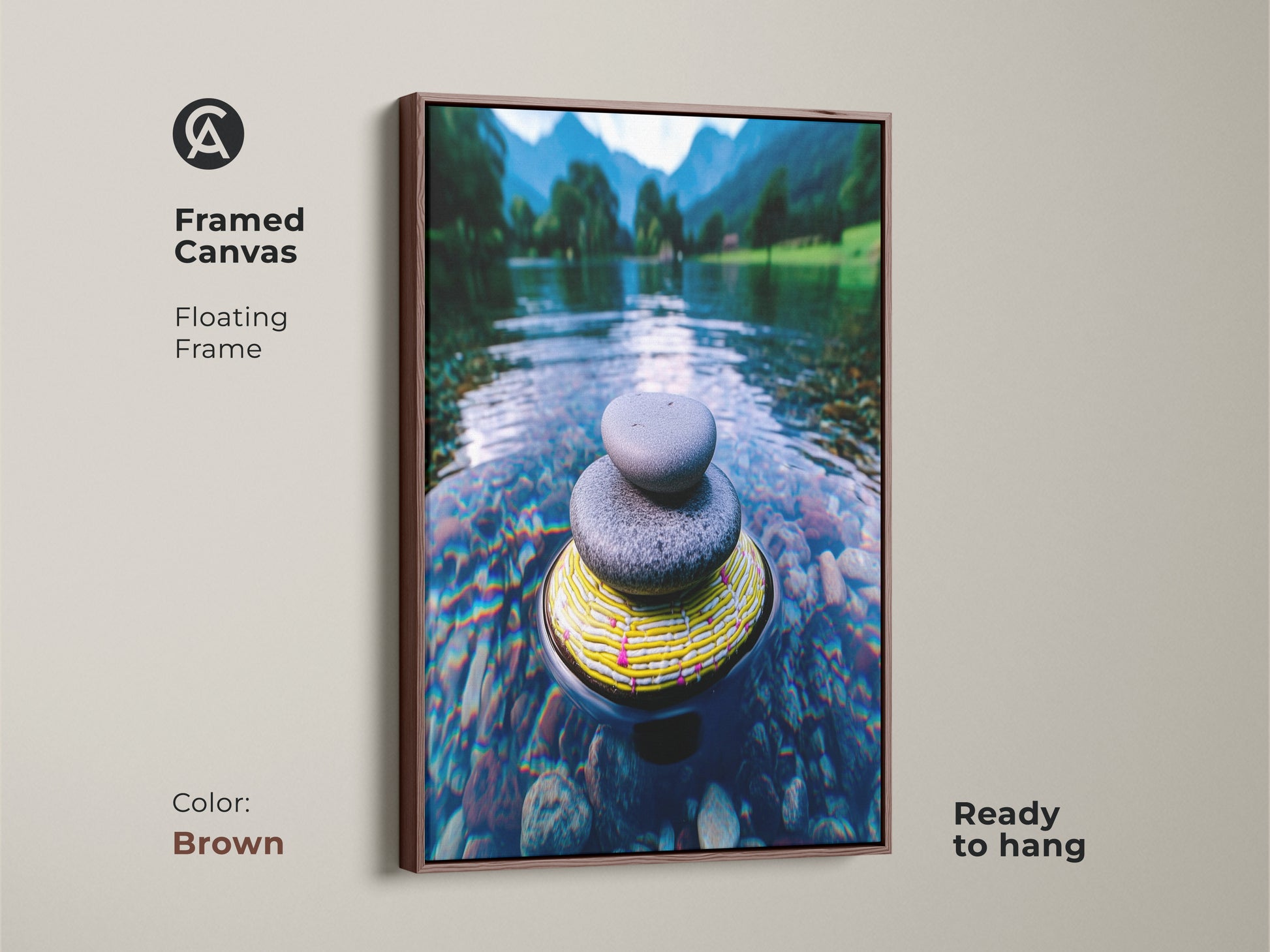 This framed canvas displays Zen stone artwork in a brown floating frame. This minimalist nature canvas comes ready to hang. The blue green mountain art print is perfect calm bedroom wall decor. This river landscape wall art enhances meditation.