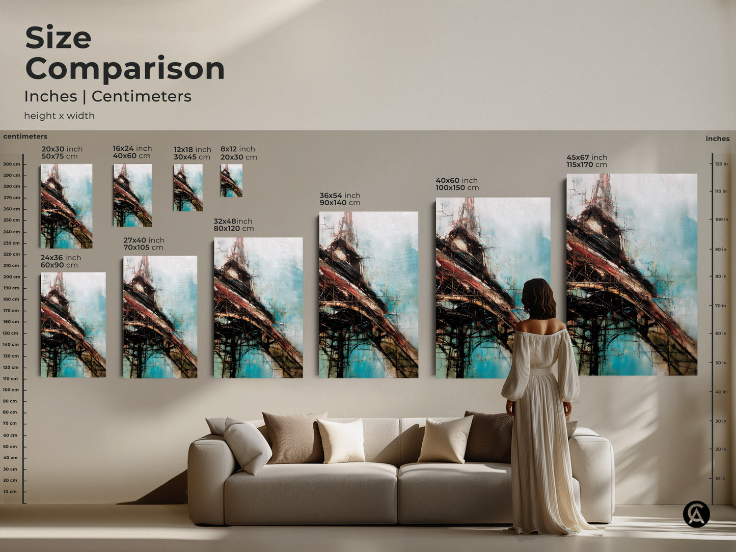 Size comparison of abstract construction art prints. See how canvas art scales in inches and centimeters. From small to large choose the ideal size for your living room or office wall.