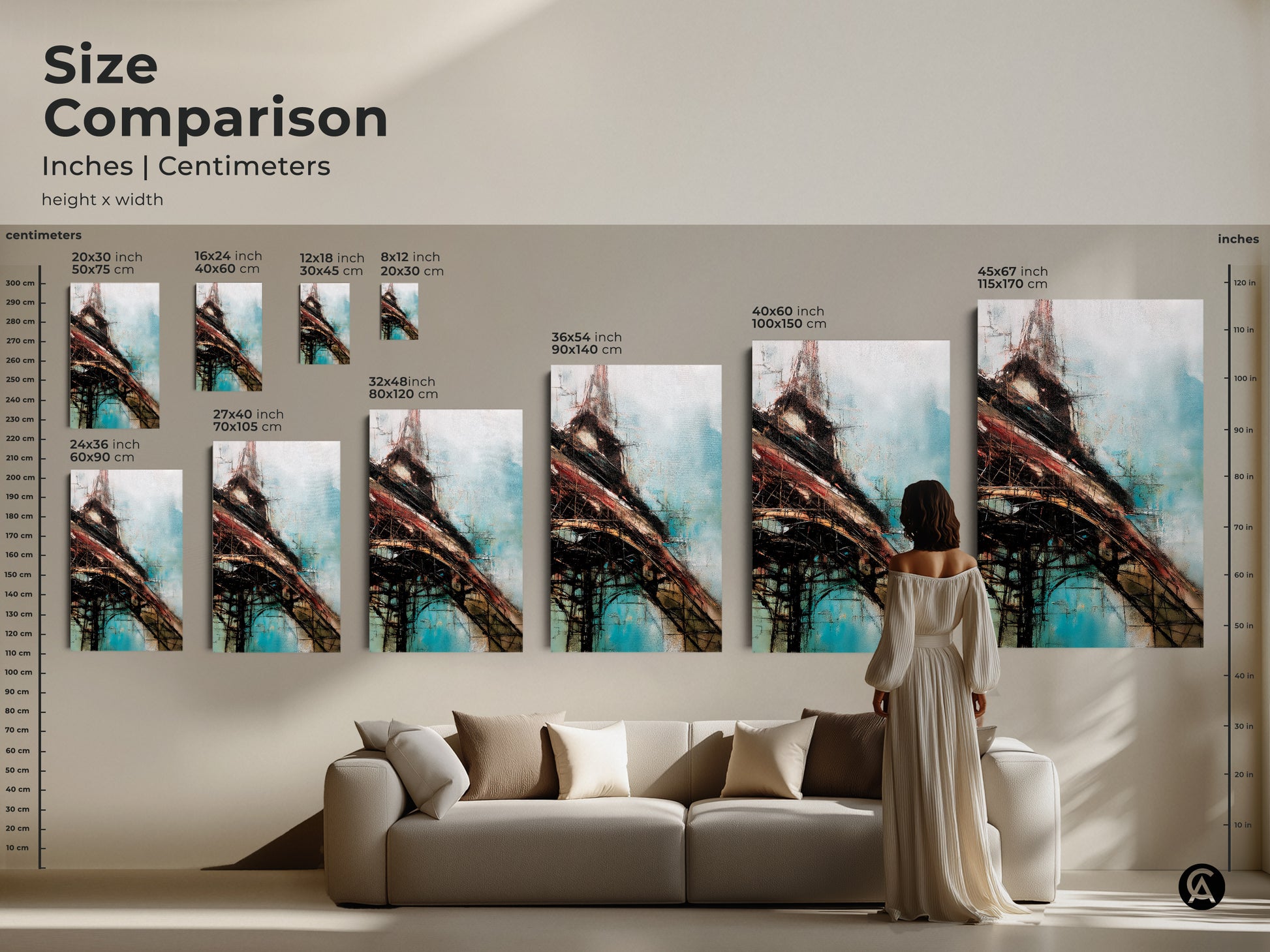 Size comparison of abstract construction art prints. See how canvas art scales in inches and centimeters. From small to large choose the ideal size for your living room or office wall.