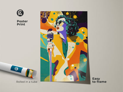 Poster print of a retro pop art singer with a microphone. The artwork features vibrant yellow teal and orange hues. It's an easy-to-frame print that adds a colorful retro touch to any music room.