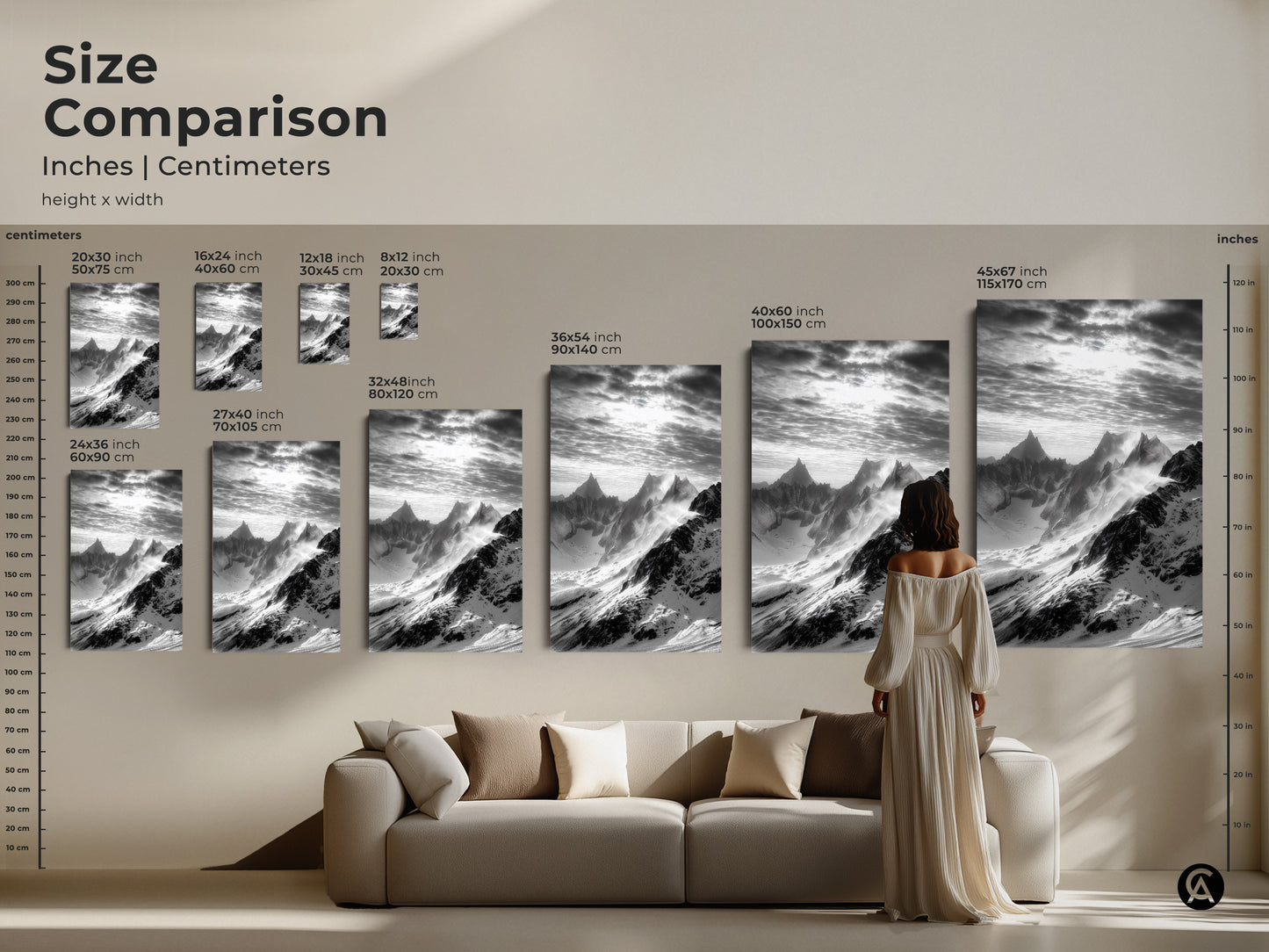 Size comparison of monochrome mountain art prints. See how the snowy peaks canvas art looks in various sizes. Black and white landscape art complements any room. Find the perfect fit for your modern decor.