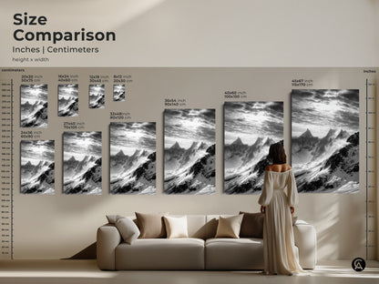 Size comparison of monochrome mountain art prints. See how the snowy peaks canvas art looks in various sizes. Black and white landscape art complements any room. Find the perfect fit for your modern decor.