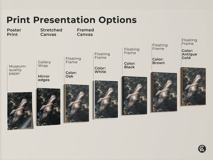 Print presentation options for eagle artwork. Poster prints stretched canvas and framed canvas are shown. Floating frames come in oak white black brown and antique gold.