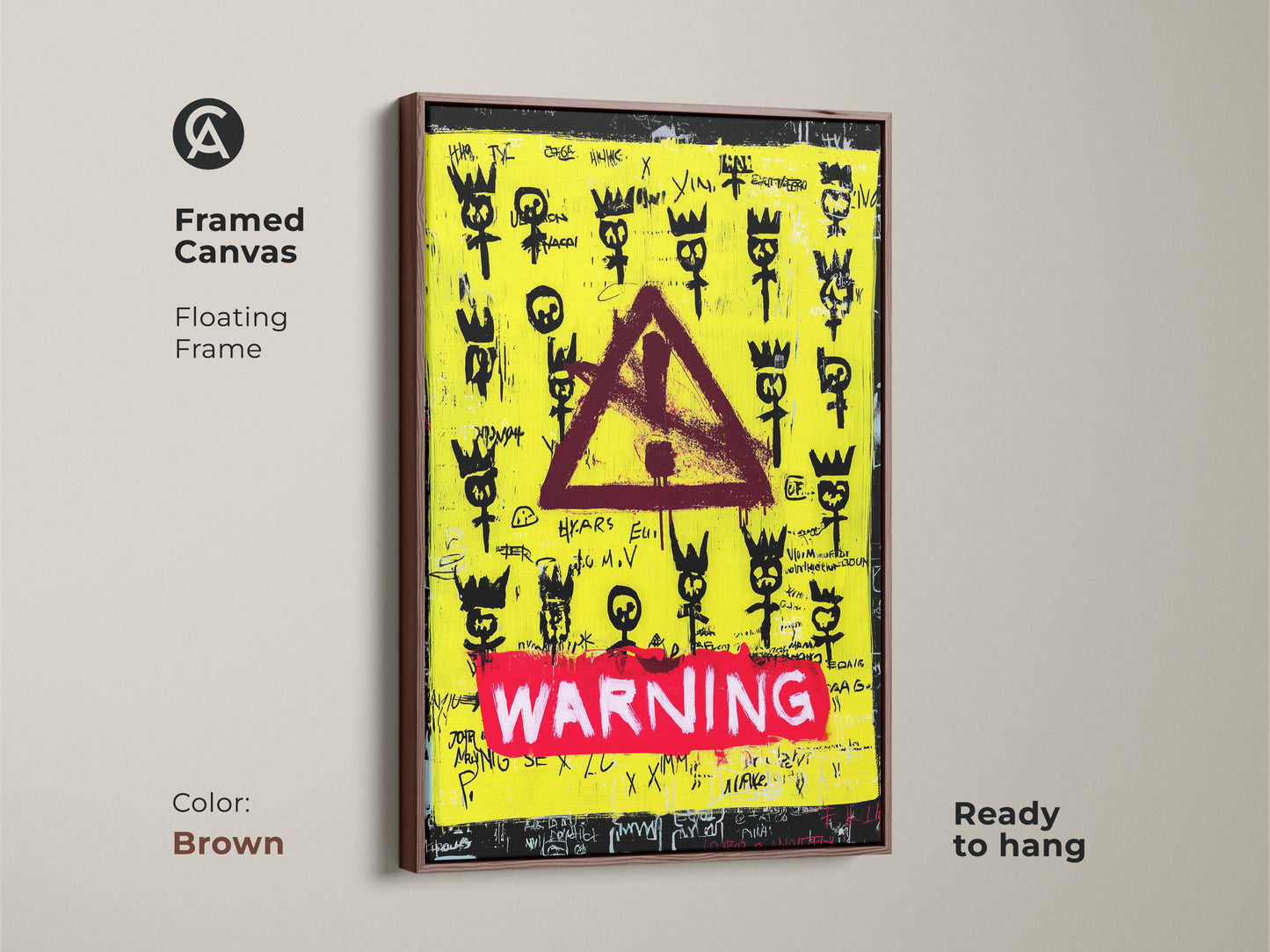 Framed canvas print of urban street art with a brown floating frame. The yellow and black graffiti features a red warning sign. This neo-expressionism wall art is ready to hang. Perfect as modern expressionist art or bold abstract art. A striking piece for any space.