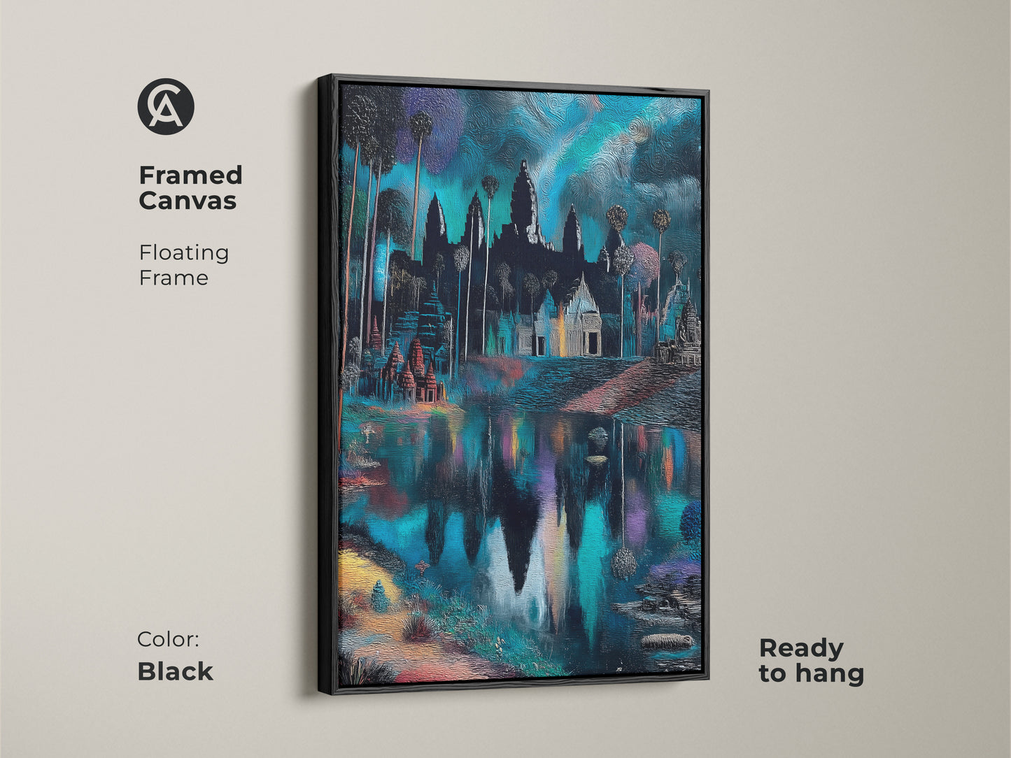 Framed canvas featuring Angkor Wat temple with black floating frame. Ready to hang piece. This deep blue art enhances any room. Eclectic travel decor adds a unique touch. The fantasy architecture print is a perfect housewarming gift for travel lovers.