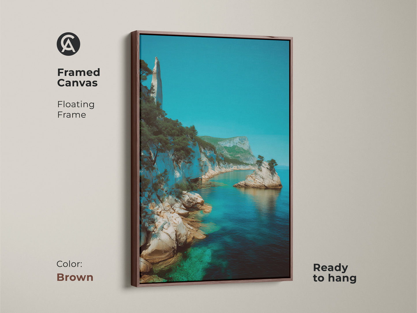Add warmth to your home with this framed Azure Ocean Cliff Canvas in brown. The floating frame highlights a turquoise coastal scene. Ready to hang this beach lover gift is perfect for any room. It brings a calming Mediterranean coastal charm with its deep blue hues.