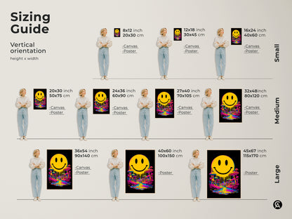 Sizing guide for vertical smiley face artwork. See canvas and poster print sizes from small to large. Visualize how the art fits in your space. Options include 8x12 inch 20x30 cm to 45x67 inch 115x170 cm. Perfect for any room size
