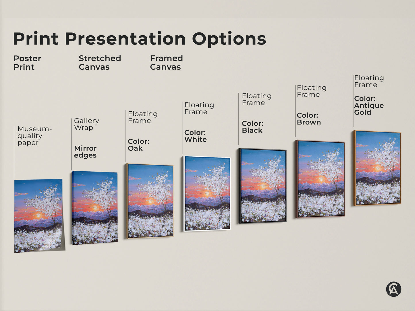 Print presentation options include poster stretched and framed canvas. Floating frames are available in oak white black brown and antique gold. Select your ideal style today.