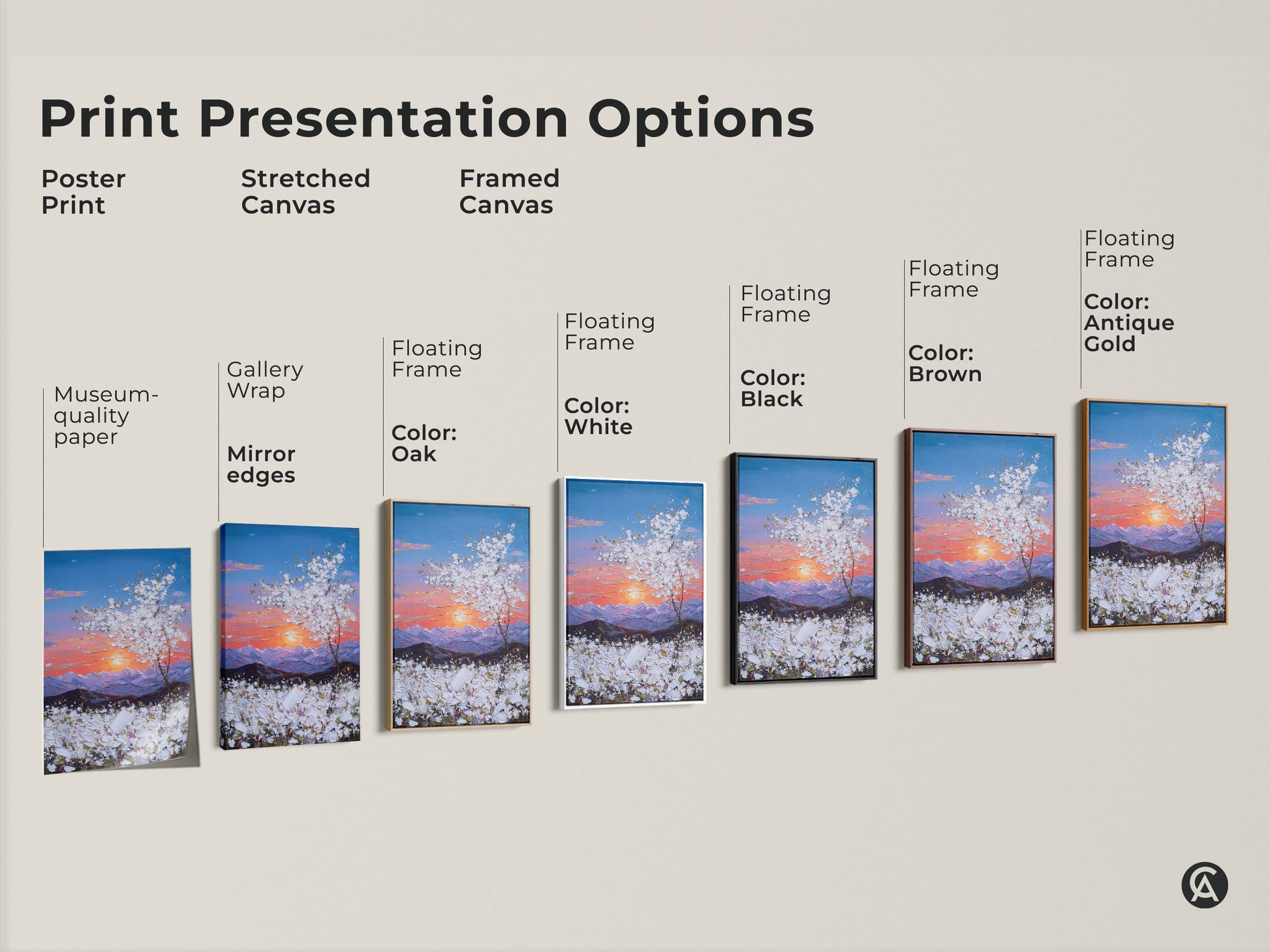 Print presentation options include poster stretched and framed canvas. Floating frames are available in oak white black brown and antique gold. Select your ideal style today.