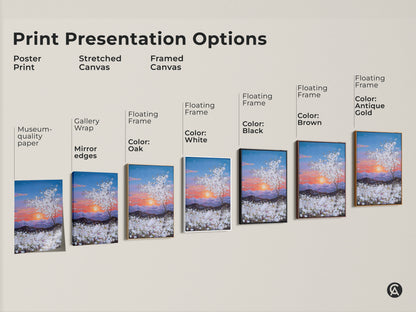 Print presentation options include poster stretched and framed canvas. Floating frames are available in oak white black brown and antique gold. Select your ideal style today.