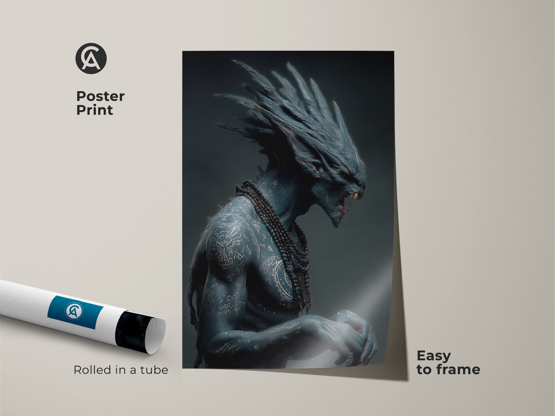 This is a poster print of a blue alien warrior art. The artwork features intricate tattoos and a beaded necklace. It is easy to frame. The print is rolled in a tube for protection offering a unique sci-fi aesthetic.