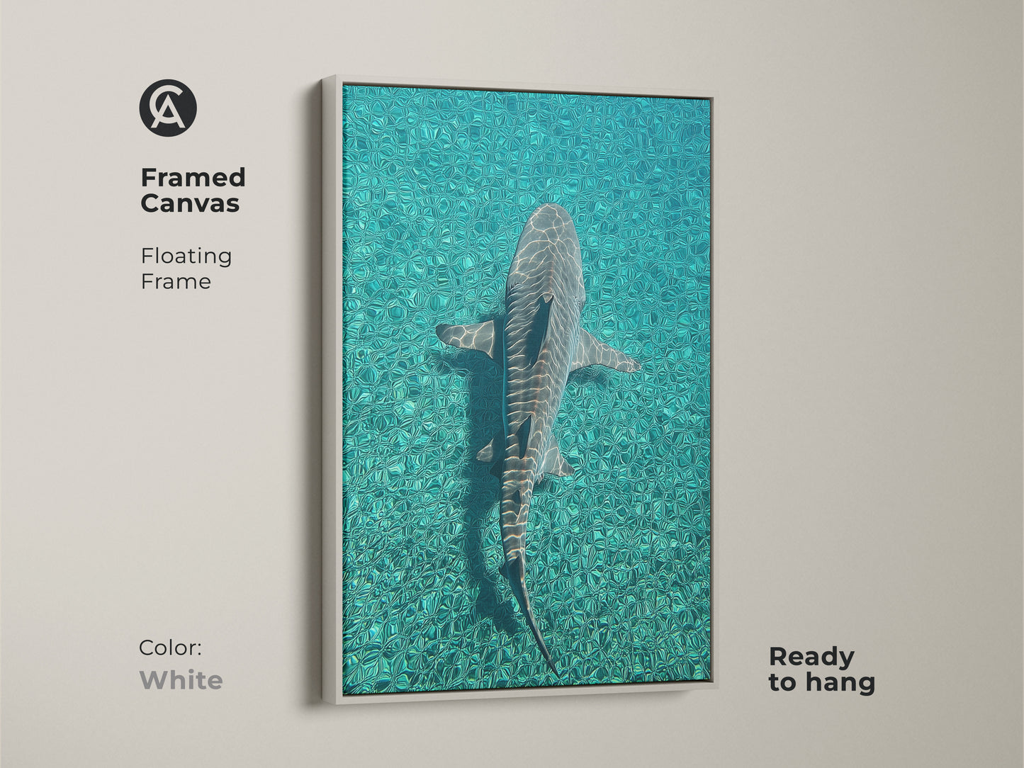 Framed canvas featuring a shark swimming in turquoise ocean waters ready to hang. The white floating frame enhances this teal blue artwork. Ideal coastal wall decor for marine biology art enthusiasts. Perfect scuba diver gift idea for nature lovers. This oceanic wildlife decor complements coastal and wildlife themes.