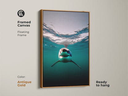 This framed great white shark canvas features an antique gold frame. The underwater scene is vibrant with deep blue and teal hues. This animal photography print adds a modern touch to any space. This unique animal wall art is a great gift for ocean enthusiasts.