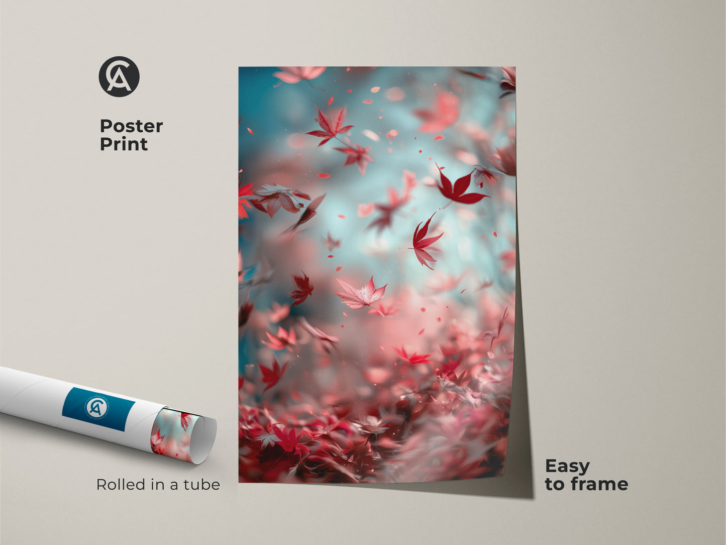 Poster print featuring falling maple leaves. The art print is rolled in a tube for protection. Easy to frame and display. A stylish way to add nature-inspired art to your walls. Elevate your home decor with this stunning print.