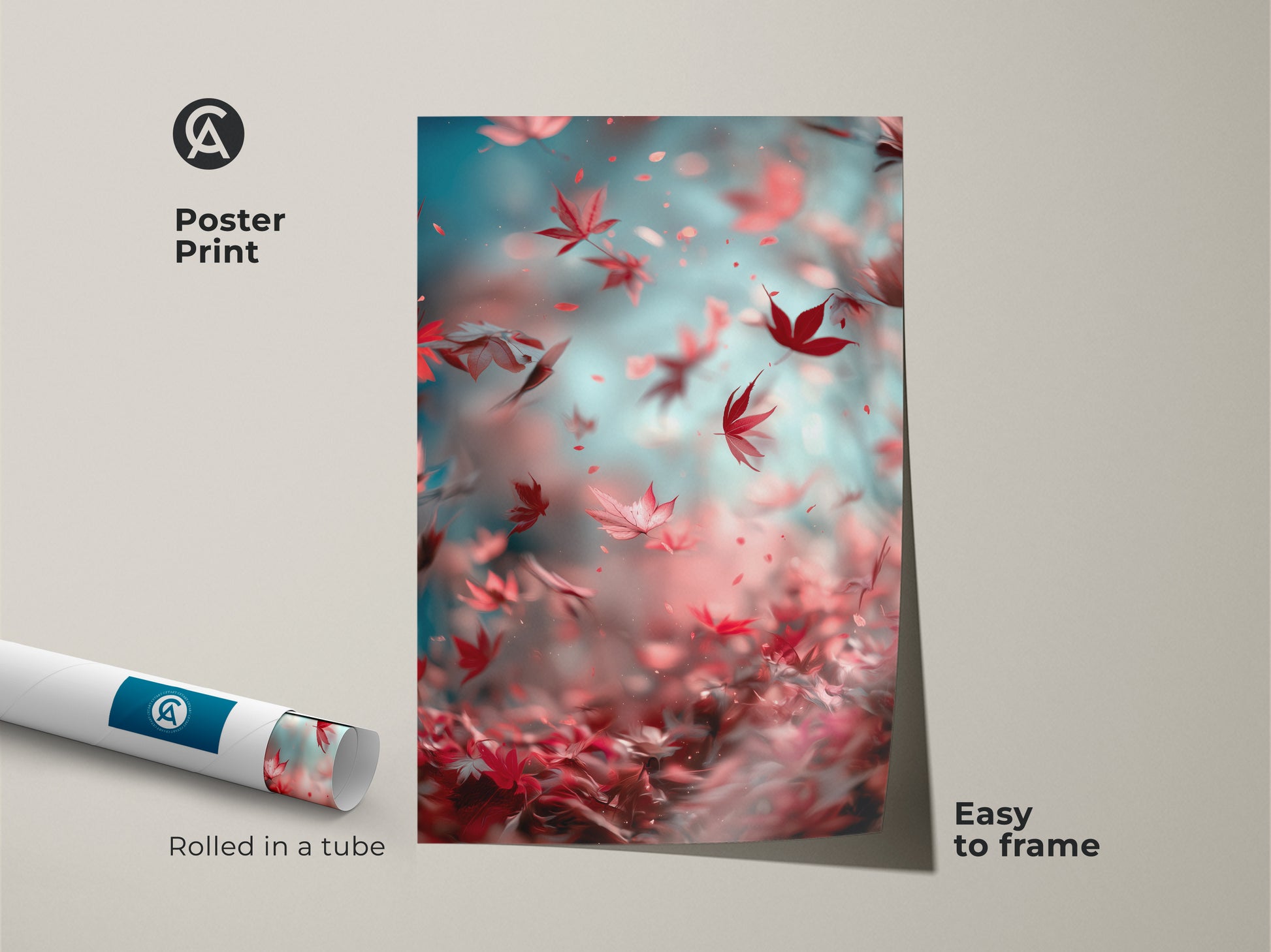 Poster print featuring falling maple leaves. The art print is rolled in a tube for protection. Easy to frame and display. A stylish way to add nature-inspired art to your walls. Elevate your home decor with this stunning print.