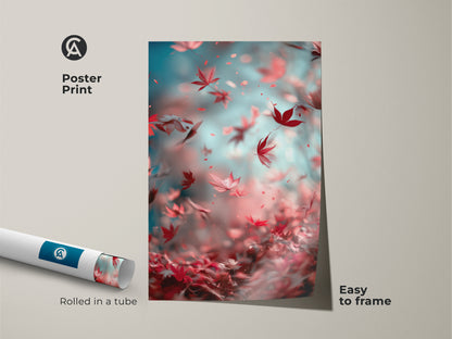Poster print featuring falling maple leaves. The art print is rolled in a tube for protection. Easy to frame and display. A stylish way to add nature-inspired art to your walls. Elevate your home decor with this stunning print.