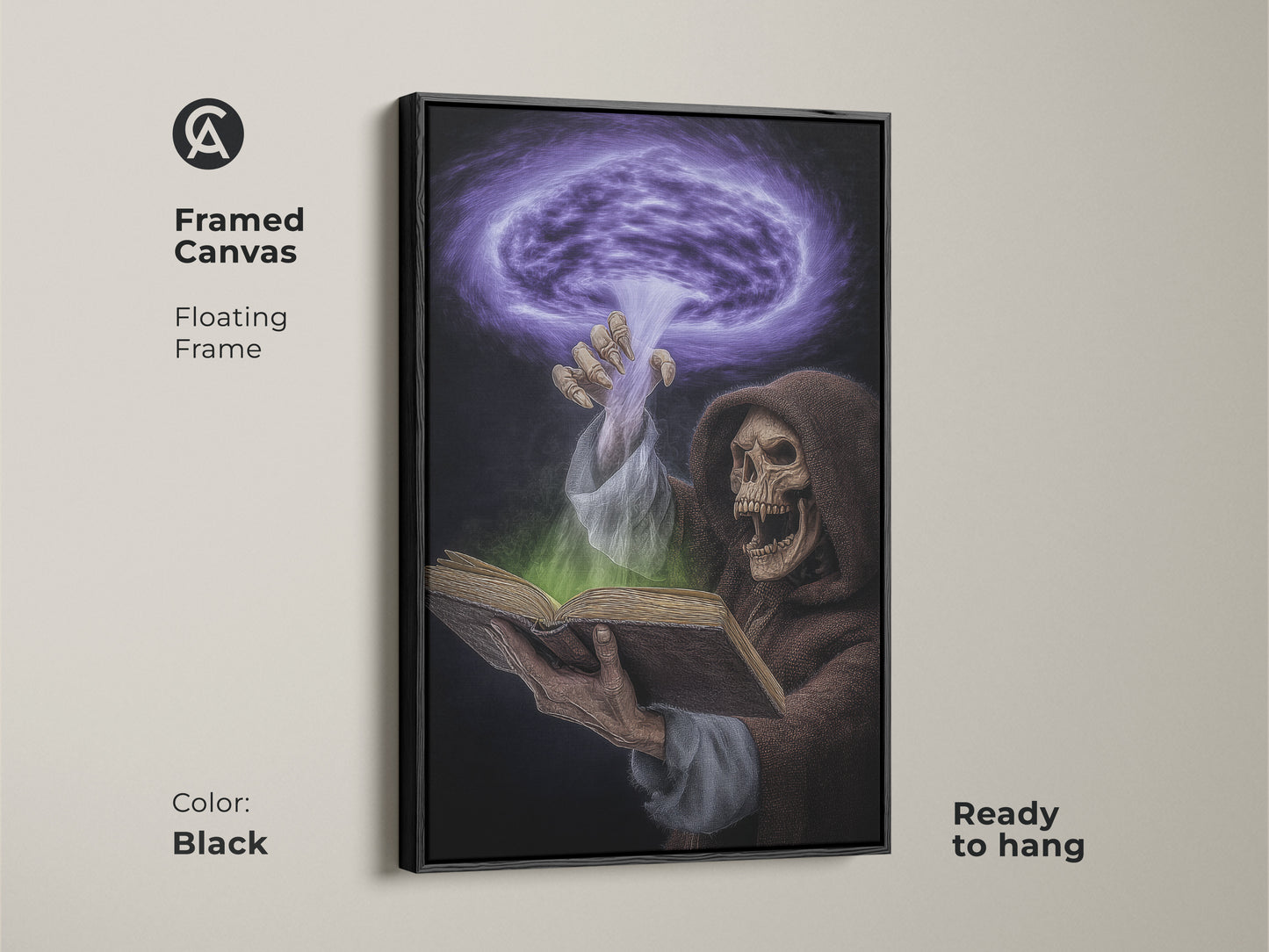 A framed black canvas showcases dark fantasy artwork. The Grim Reaper is reading a spellbook. The purple and green magic wall art is ready to hang. Perfect goth home decor this piece adds a supernatural touch to a study room or office workspace. A unique Halloween gift.