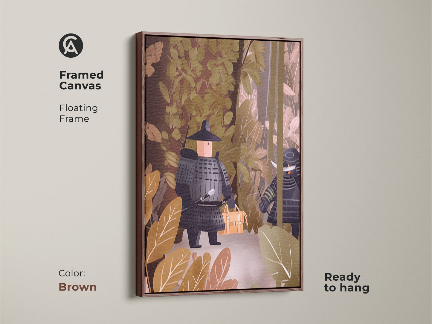Brown framed canvas featuring samurai warriors. The earthy brown and muted green tones bring a calm adventure. This unique Japanese art is a great gift for history buffs. Add cultural wall decor to any space.