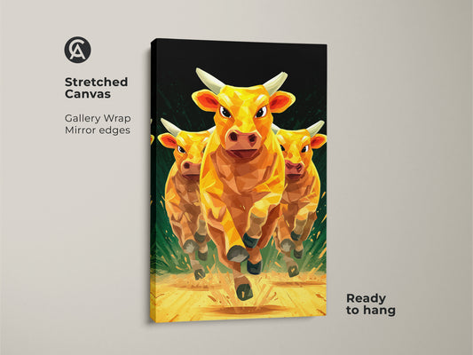 A stretched canvas of three golden cows running. This gallery-wrapped animal artwork has mirror edges. The modern canvas art print is ready to hang. Enhance your living room or office with this dynamic piece. The geometric low polygon art style makes it a unique and captivating focal point.