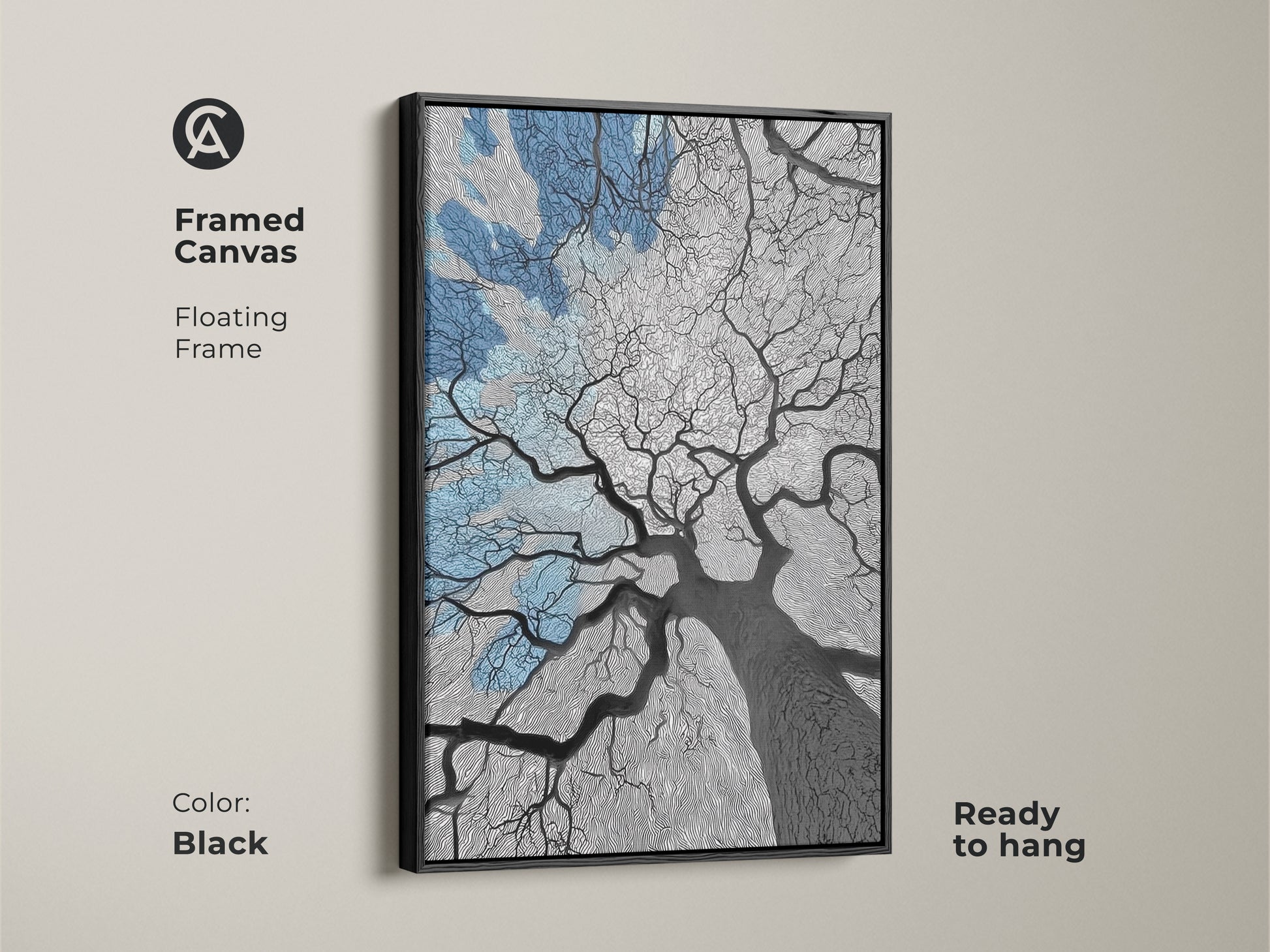 Framed canvas artwork showing an abstract oak tree against a blue sky. The black floating frame adds a touch of elegance. This modern art print enhances any room's decor. The monochrome abstract art complements various interior styles. It’s ready to hang and perfect as a housewarming gift or bedroom wall art.