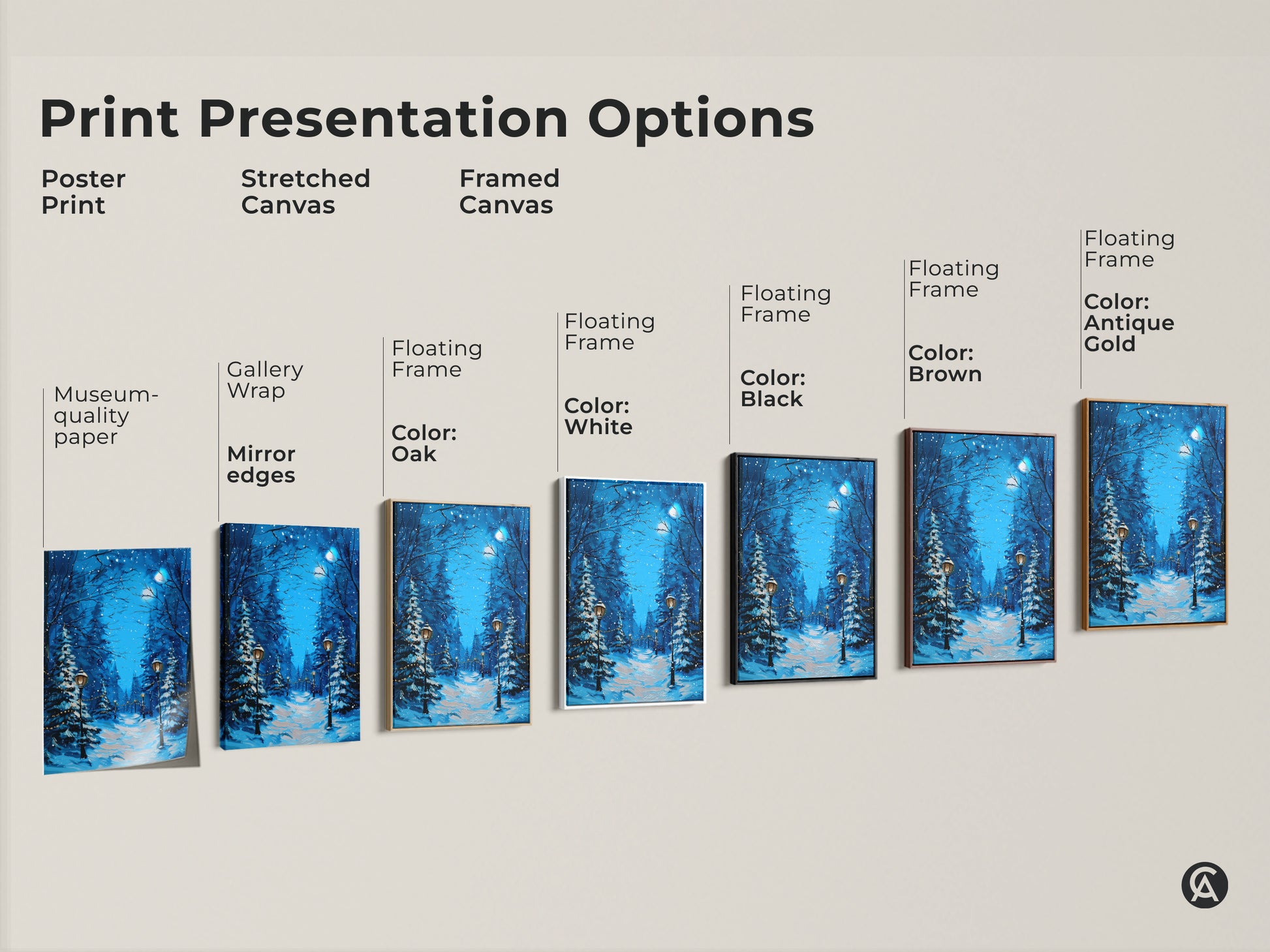 Print presentation options for winter landscape art. Options include poster print stretched canvas and framed canvas. Each features a snowy path with street lamps. These deep blue teal prints make rustic Christmas gifts for winter lovers.