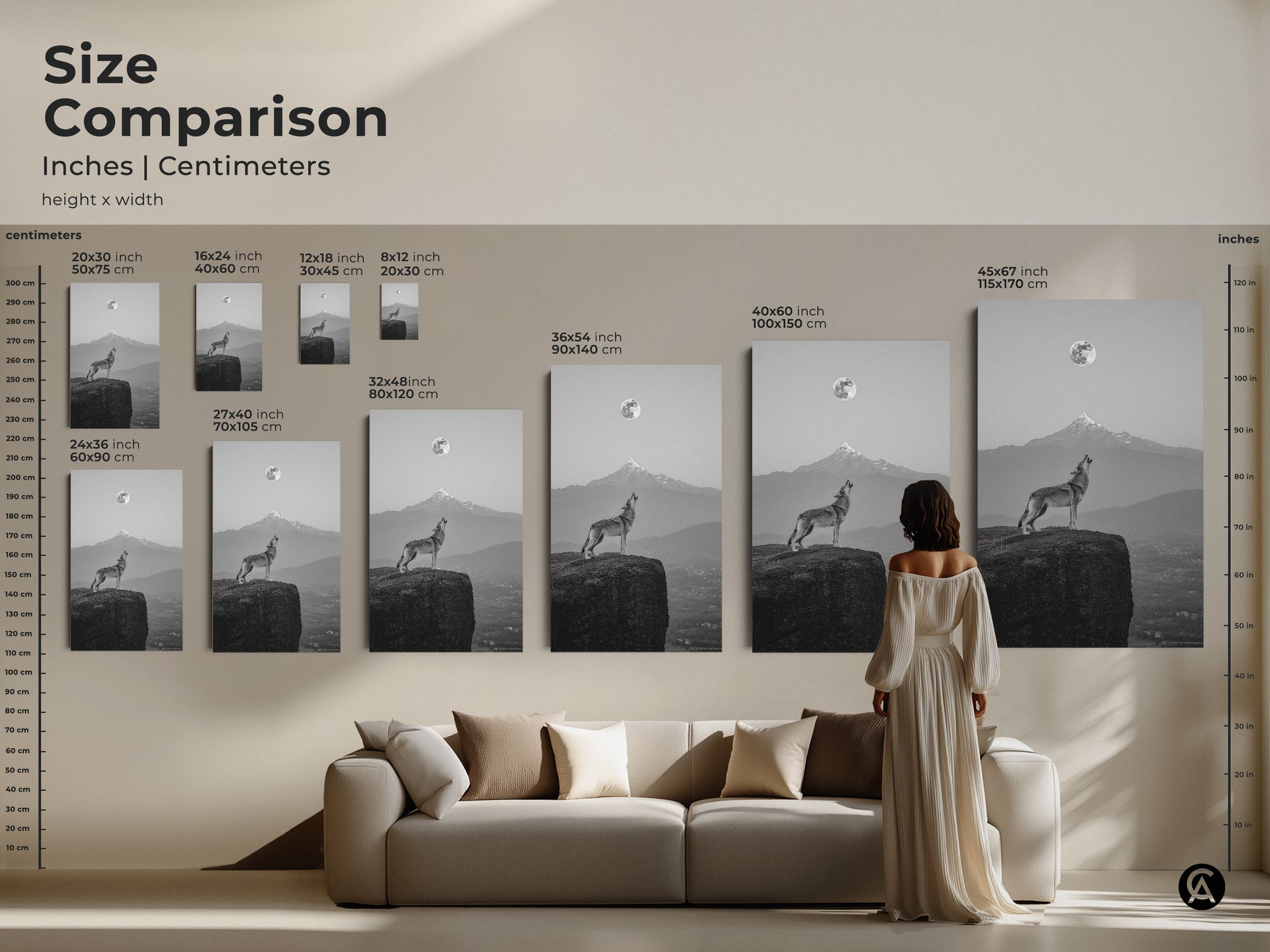 Size comparison of wolf and moon canvas art in inches and centimeters. See how the artwork fits above a sofa for scale. A great way to visualize the art in your living room.