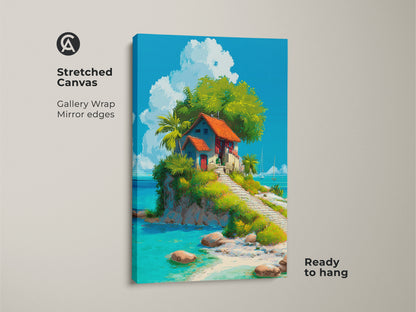 Stretched canvas island artwork. The gallery-wrapped canvas features a colorful island house scene. The art print is ready to hang. The image shows blue ocean water and a quaint house surrounded by trees. Buy this canvas art for a touch of paradise in your home or office.