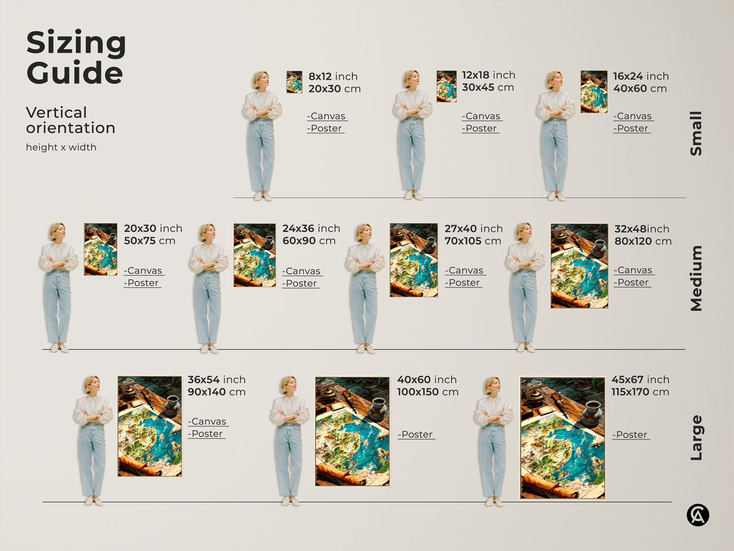 Sizing guide for vertical fantasy world map artwork. Available in small medium and large sizes. Choose from canvas or poster prints. Find the perfect fit for your space and elevate your decor.