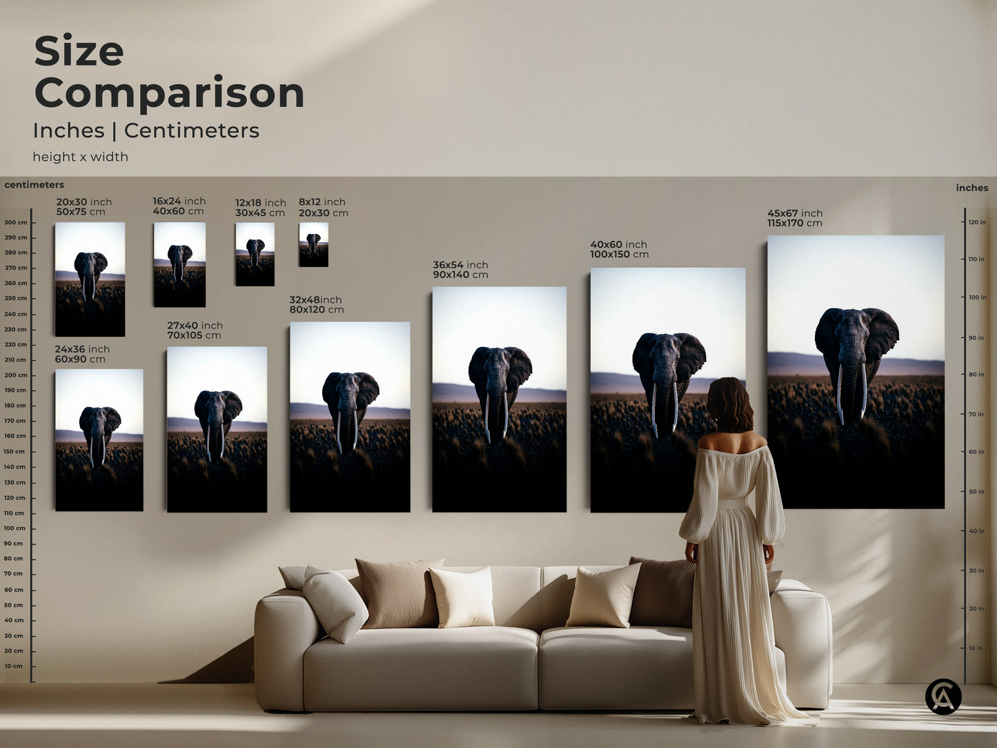 Size comparison of elephant canvas art prints in a living room setting. See how different sizes fit above a couch. Choose the ideal earth tone wall decor for your home with this minimalist wildlife art.
