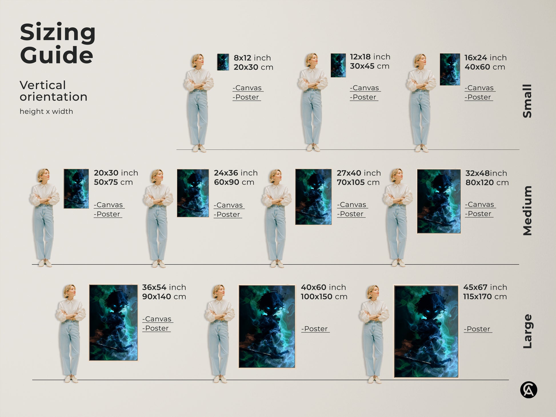 Sizing guide for vertical anime fantasy art prints and canvas. Shown is the dark fantasy warrior demon artwork with blue green teal colors. Available in small medium and large sizes.