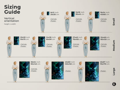 Sizing guide for vertical anime fantasy art prints and canvas. Shown is the dark fantasy warrior demon artwork with blue green teal colors. Available in small medium and large sizes.