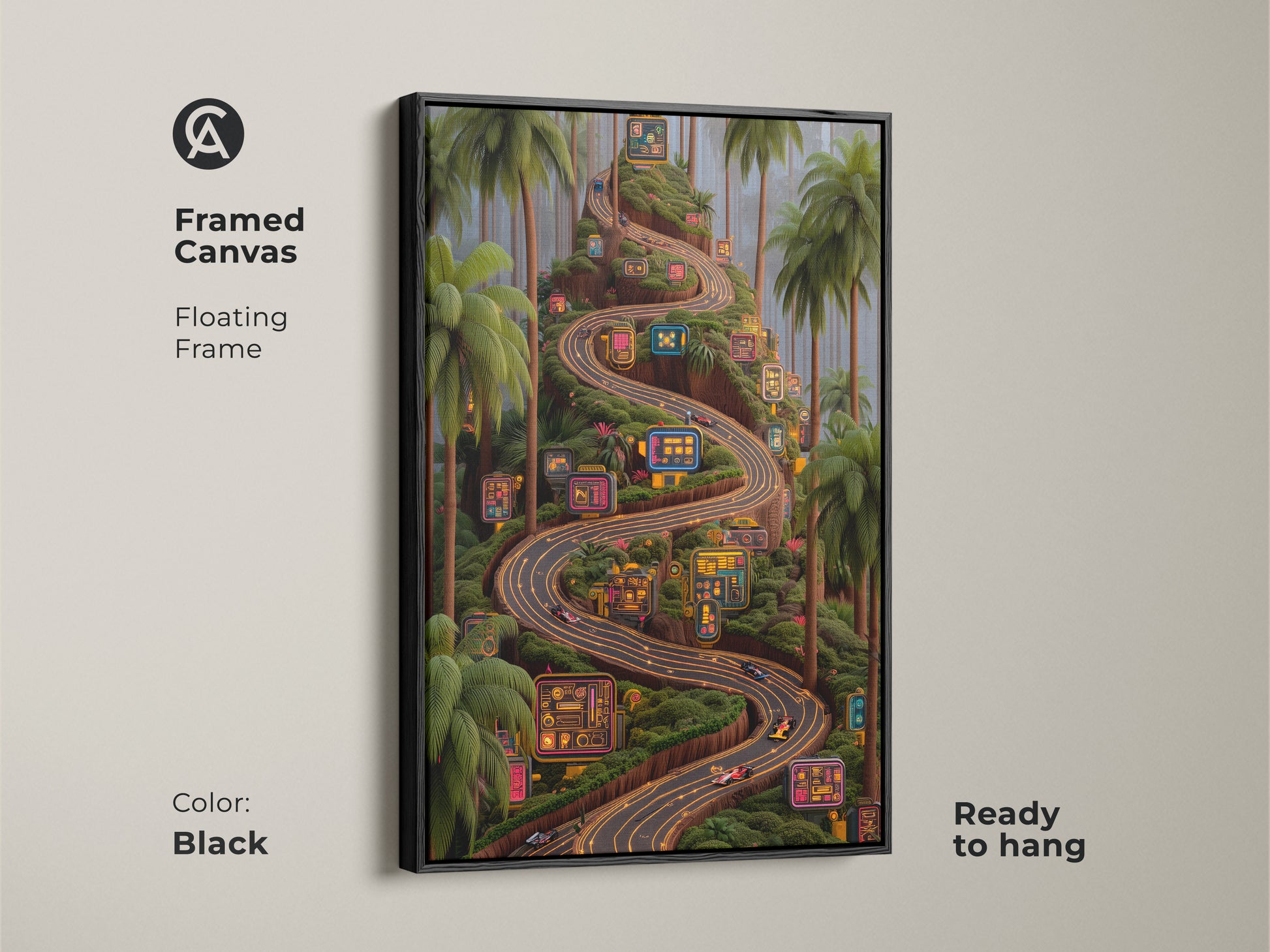 Black framed canvas print features a neon-lit road in a tropical palm art. The floating frame cyberpunk artwork is ready to hang. A unique blend of fantasy and technology for any space. The F1 fan gift enhances a game room or man cave with its striking neon colors and dynamic digital art style.