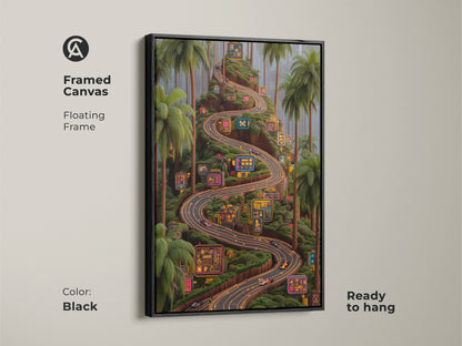 Black framed canvas print features a neon-lit road in a tropical palm art. The floating frame cyberpunk artwork is ready to hang. A unique blend of fantasy and technology for any space. The F1 fan gift enhances a game room or man cave with its striking neon colors and dynamic digital art style.