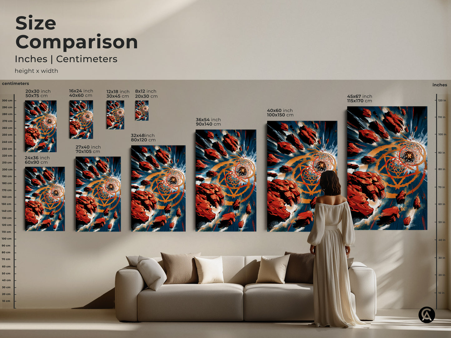 Size comparison of modern geometric canvas art prints in various dimensions. Abstract artwork for office or modern home. Inches and centimeters scale with a model to showcase the art's presence