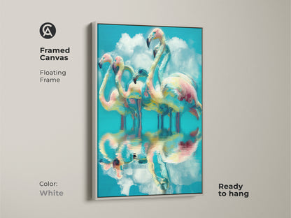 Framed canvas of abstract flamingos with a white floating frame. This is a modern take on nature inspired artwork. It's ready to hang. Perfect wall decor for eclectic home interiors and bird art collectors.