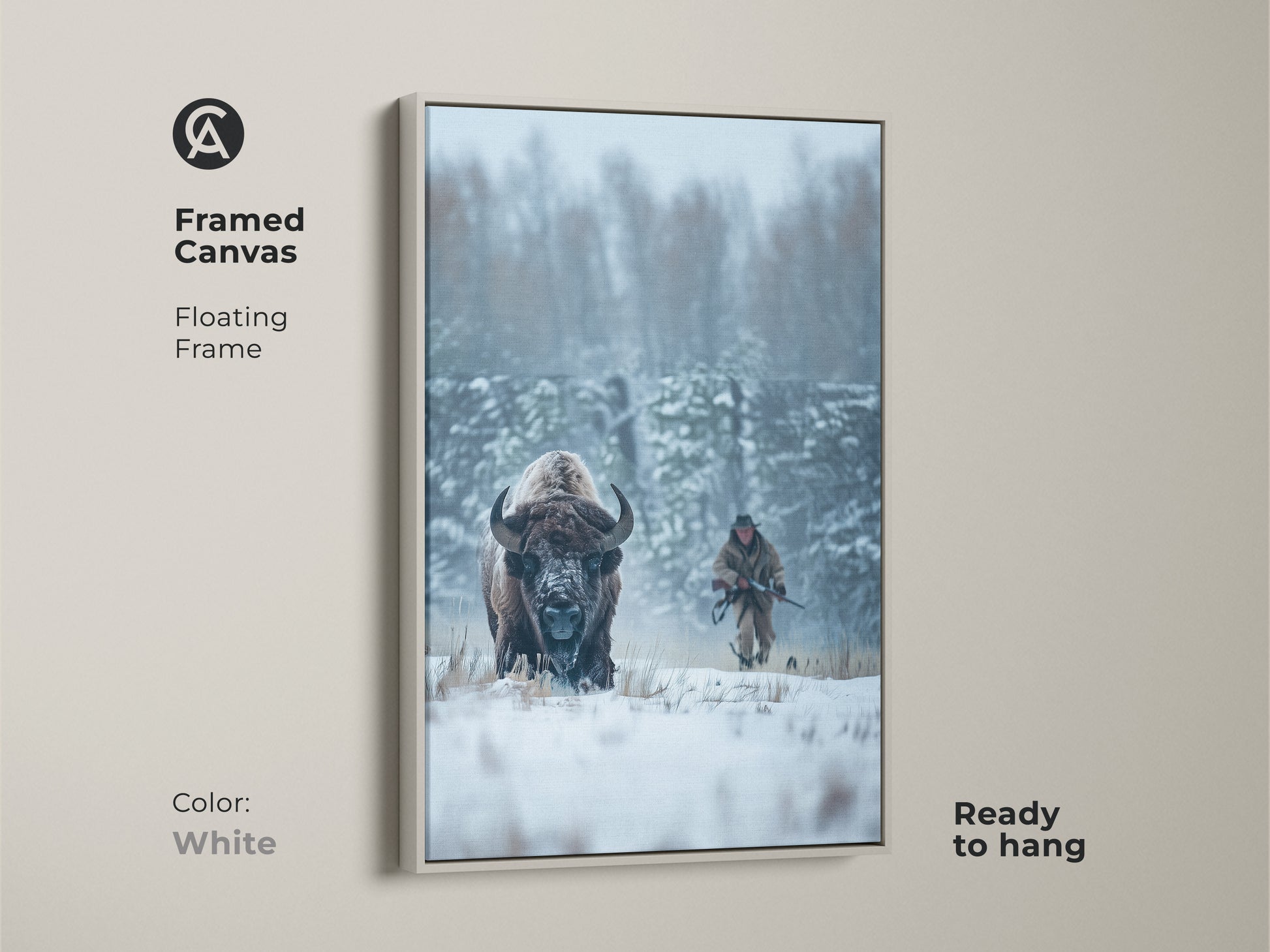 Framed canvas art presenting a bison in a winter setting with a hunter. The white floating frame offers a clean modern look. This art is ready to hang. It brings a piece of the wild into your home. A great gift for art lovers.