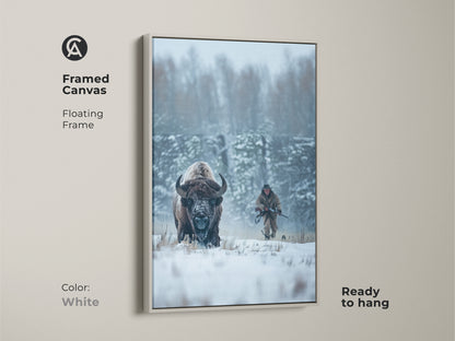 Framed canvas art presenting a bison in a winter setting with a hunter. The white floating frame offers a clean modern look. This art is ready to hang. It brings a piece of the wild into your home. A great gift for art lovers.