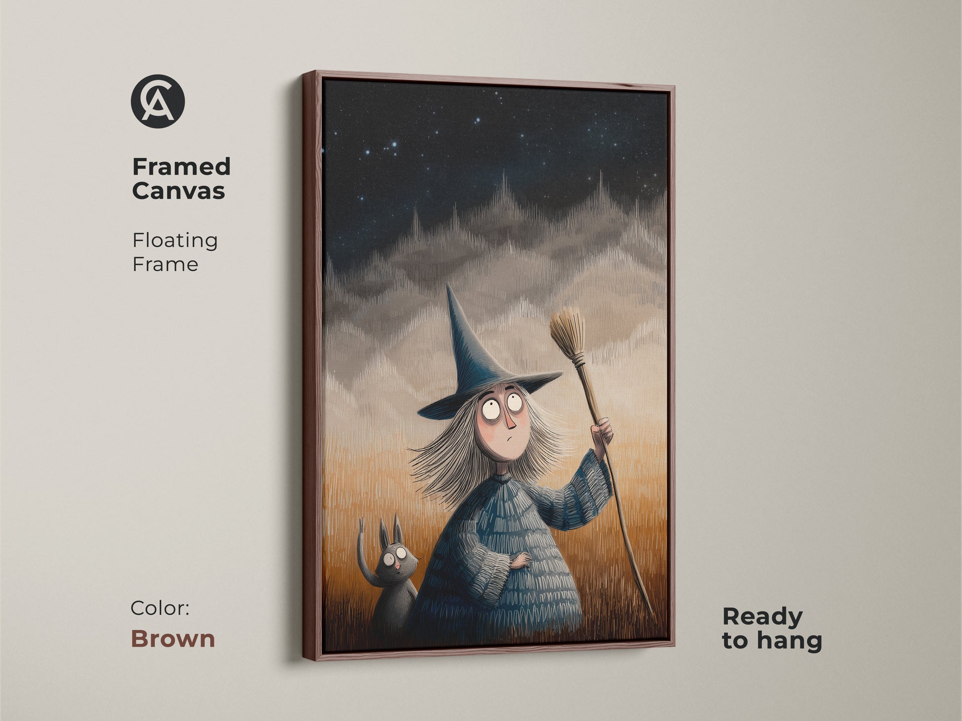 Brown framed canvas of a cartoon witch and cat art. Floating frame fantasy art is ready to hang. Halloween themed decor for a children's room. Ideal art print gift for children. Magical night sky artwork.