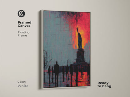 Framed canvas with a floating frame featuring Statue of Liberty artwork. The abstract cityscape print comes in white. Crimson and teal colors create a bold piece that's ready to hang.