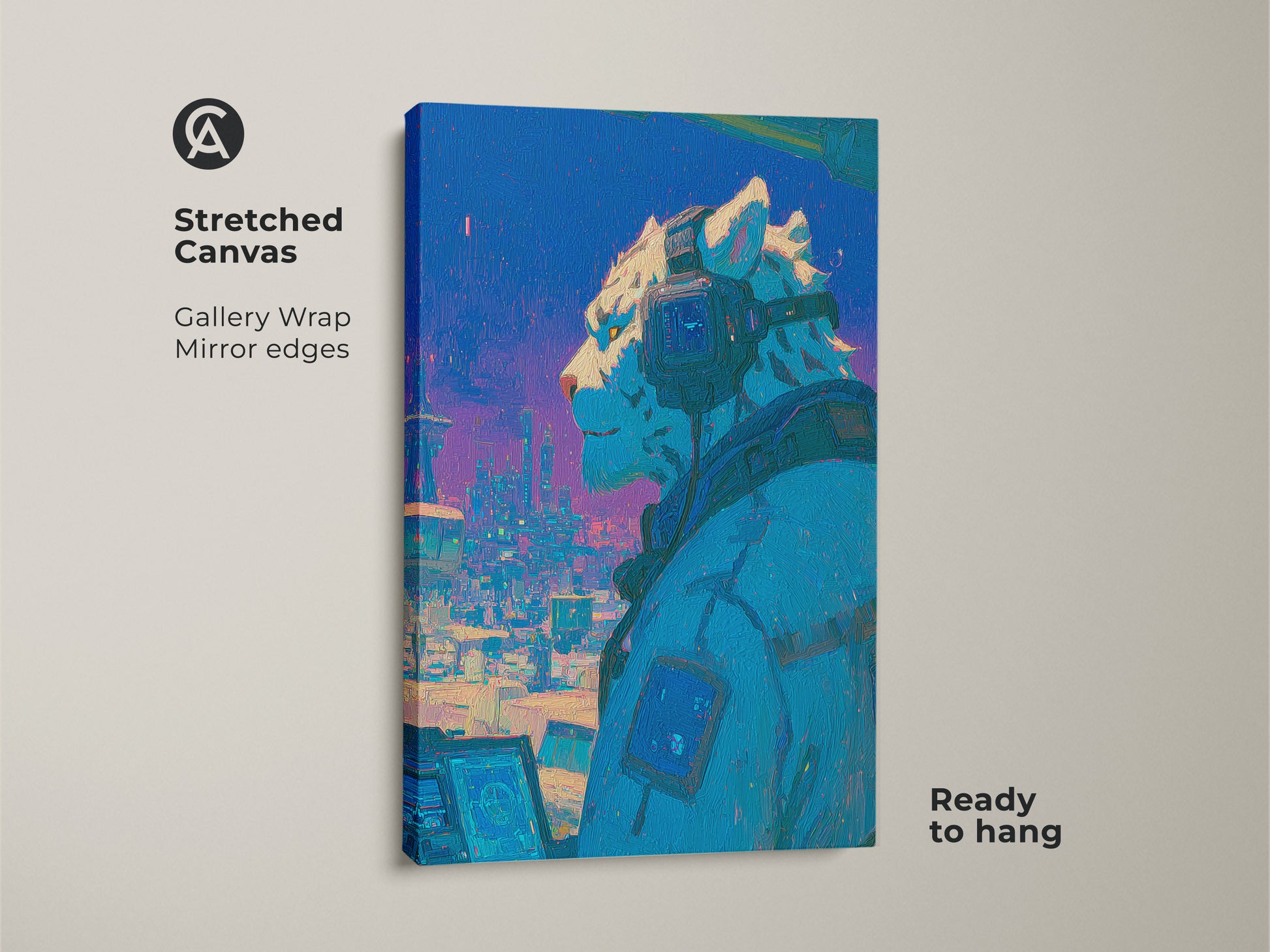 Enhance your space with this stunning stretched canvas artwork featuring a cyberpunk snow leopard. The gallery wrap with mirror edges ensures a seamless and modern look. The futuristic feline wears headphones while overlooking a vibrant city. Ready to hang and enjoy.