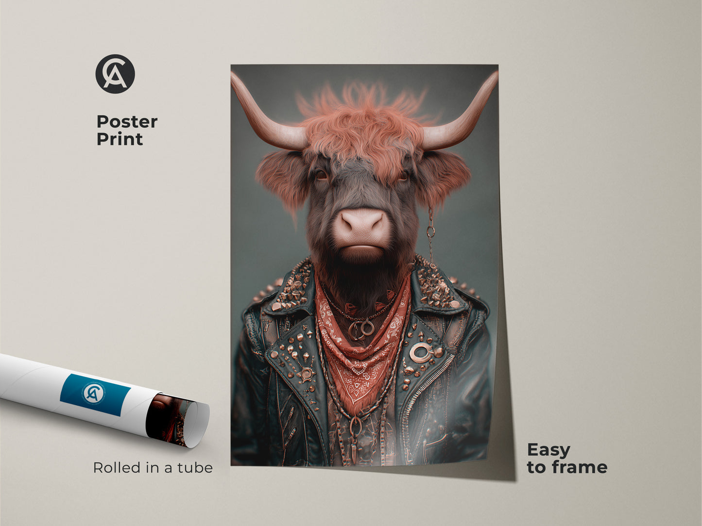 Poster print of an anthropomorphic cow wall art piece. Rolled in a tube for easy framing this cow rocker print adds alternative animal art to any wall. A cool piece of rock and roll decor for a music fan.